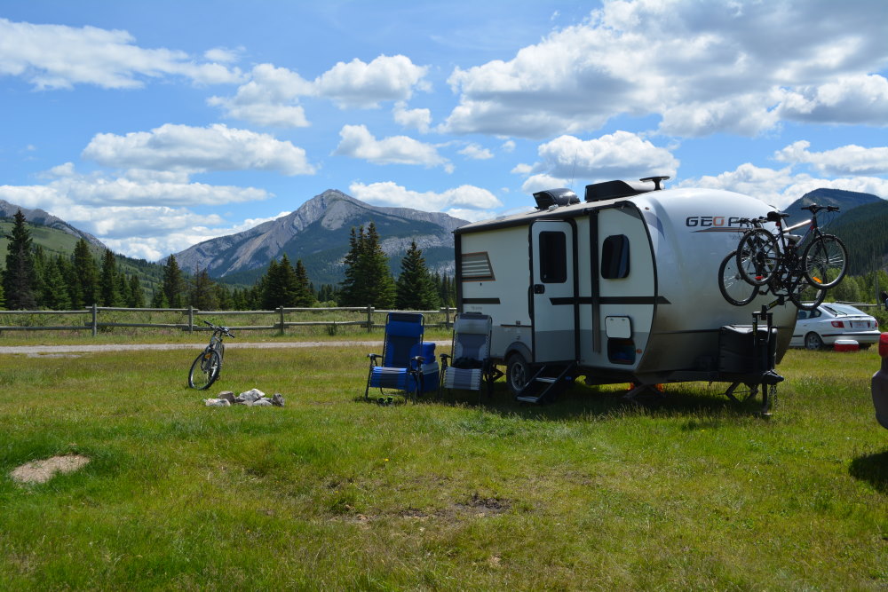 Geo Pro RV at campsite in Bighorn Campground of Ya Ha Tinda region